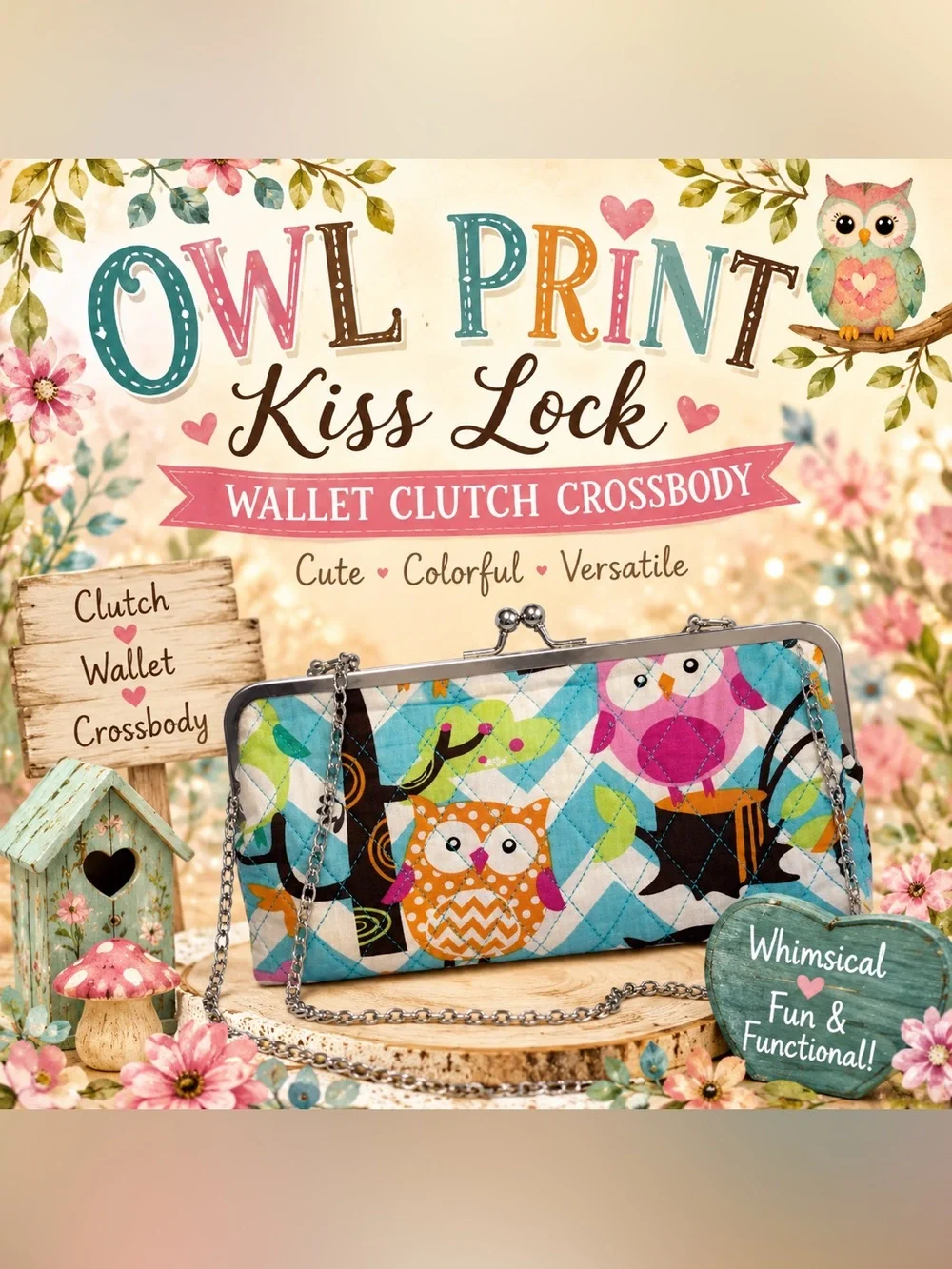Owl Print Kiss Lock Wallet Clutch Crossbody Purse Chain Strap Colorful Quilted